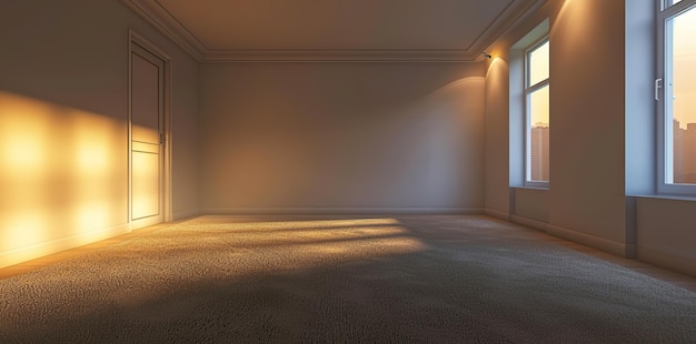 Chambre vide confortable avec plancher tapissé, murs peints et éclairage ambiant doux