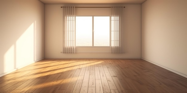 Chambre vide éclairée par le soleil avec une grande fenêtre et un sol en bois Architecture décorative intérieure mock-up scène