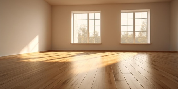 Photo chambre vide éclairée par le soleil avec une grande fenêtre et un sol en bois architecture décorative intérieure mock-up scène