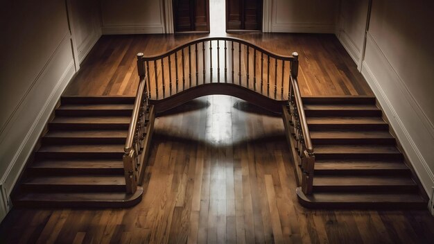 Chambre vide avec un escalier en bois et un sol en bois dur