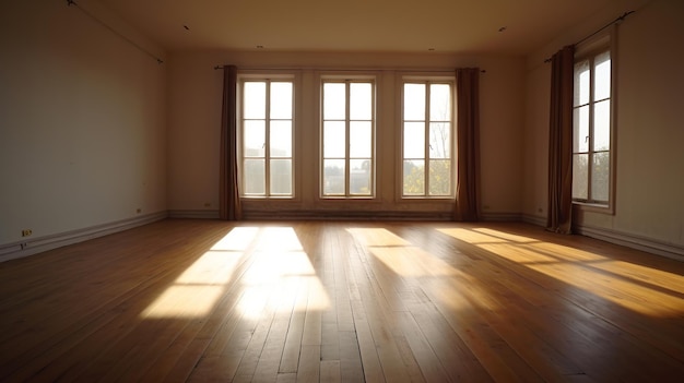 Chambre vide avec de grandes fenêtres et un sol en bois