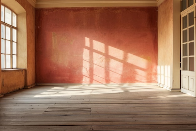 Chambre vide avec lumière naturelle Couleur de fond terreuse Ombres diffuses Matériaux en bois
