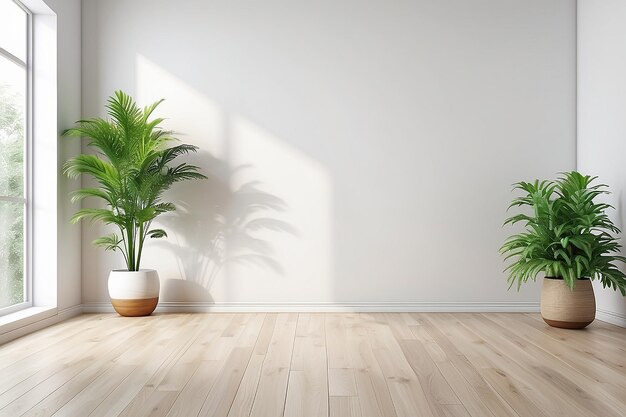 Chambre vide minimaliste avec mur blanc et sol en bois et plantes vertes d'intérieur 3d