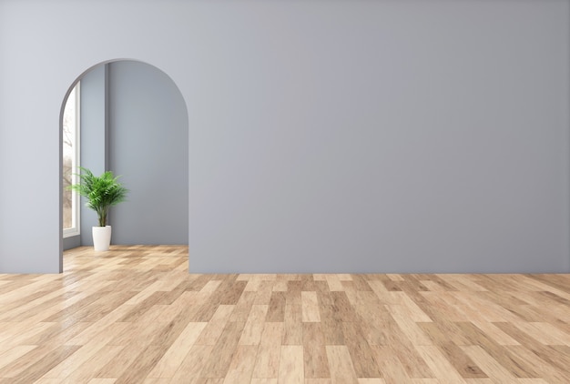 Chambre vide minimaliste avec mur gris et porte cintrée