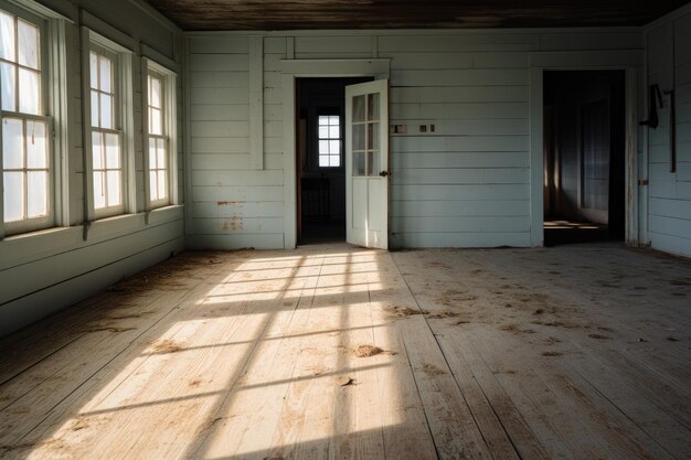 Chambre vide et mur et plancher en bois avec intéressant avec éblouissement de la fenêtre Arrière-plan intérieur pour la présentation IA générative