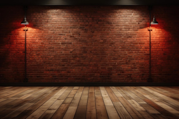 Chambre vide avec un mur rouge et un sol en béton ou en bois
