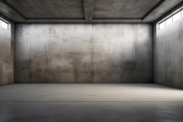 Chambre vide avec des murs en béton et des fenêtres