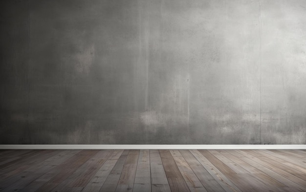 Chambre vide, pièce à murs gris, plancher en bois.