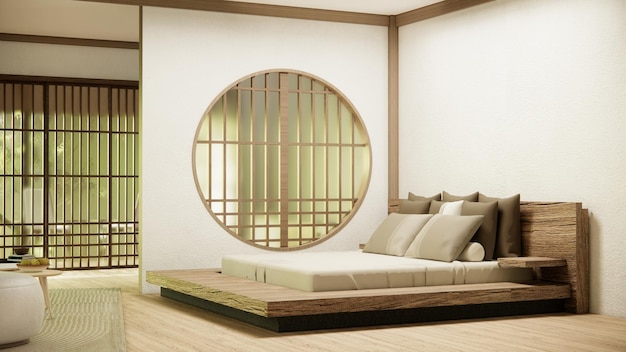 Chambre vide de style japonais décorée d'un lit en bois, d'un mur blanc et d'un mur en bois