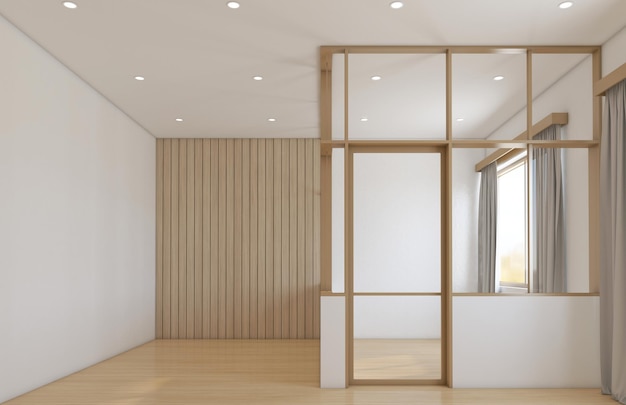 Chambre vide de style japonais moderne décorée avec un mur en lattes de verre et de bois rendu 3d de mur blanc