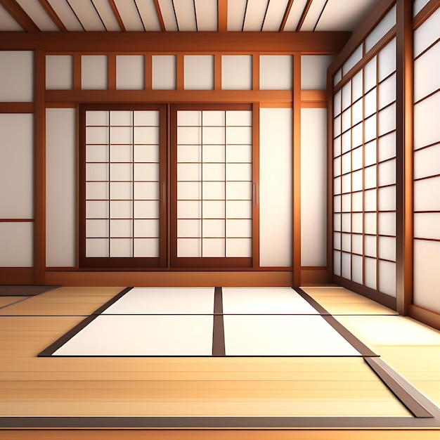 Chambre vide de style japonais avec tatami fenêtre shoji en bois au soleil grilles ombre sur whi