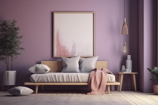 Une chambre violette avec un canapé et une lampe au mur.