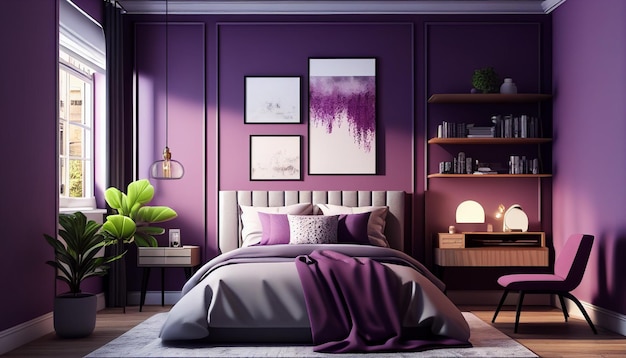 Une chambre violette avec un lit et un bureau avec une étagère à livres dessus