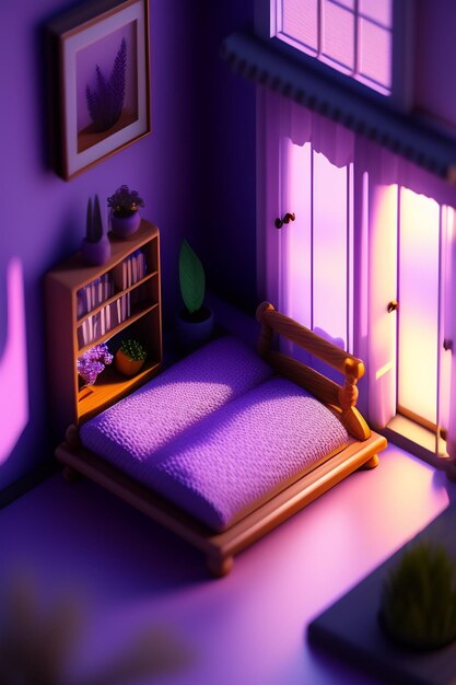 Une chambre violette avec un lit et des étagères.