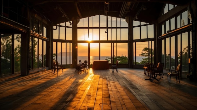 une chambre avec vue sur le coucher de soleil