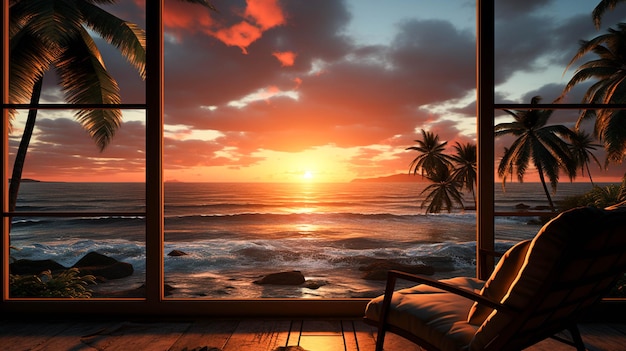 Une chambre avec une vue et une fenêtre avec un coucher de soleil