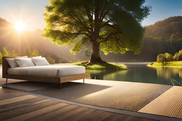 Une chambre avec vue sur un lac et un arbre