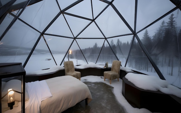 Photo une chambre avec vue sur un lac et une boule à neige.