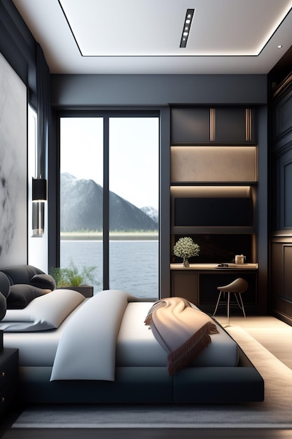 Une chambre avec vue sur le lac et un lit avec un lit noir qui dit "maison".