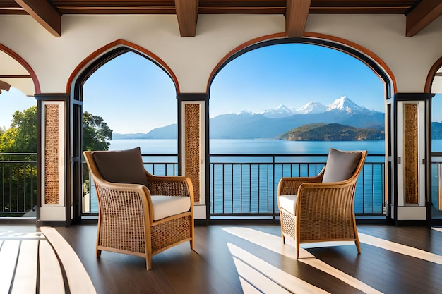 Une chambre avec vue sur le lac et les montagnes