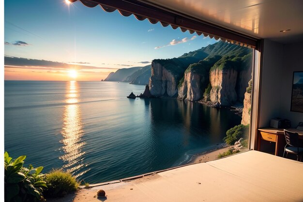 Une chambre avec vue sur la mer et le coucher de soleil sur la mer