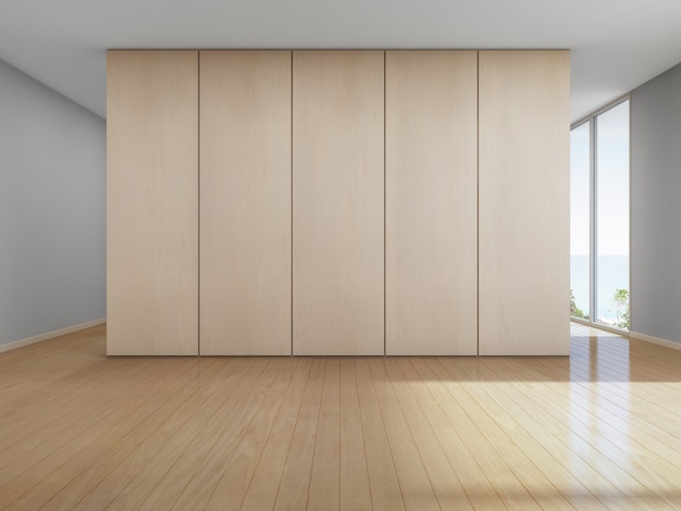 Chambre vue sur la mer avec fond de mur en bois dans la maison de luxe de plage