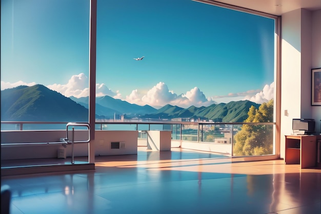 Une chambre avec vue sur une montagne et un ciel bleu