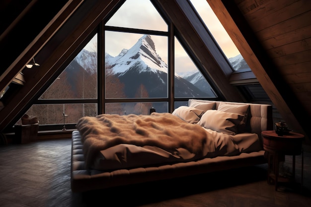 Une chambre avec vue sur la montagne et un lit avec une couverture dessus.