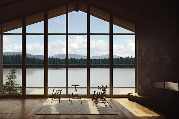 Une chambre avec vue sur les montagnes et un lac