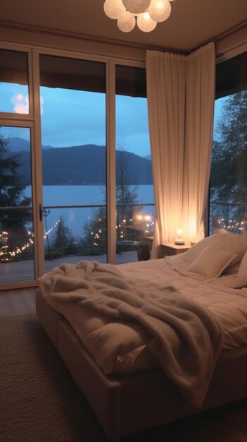 Une chambre avec vue sur les montagnes et le lac.