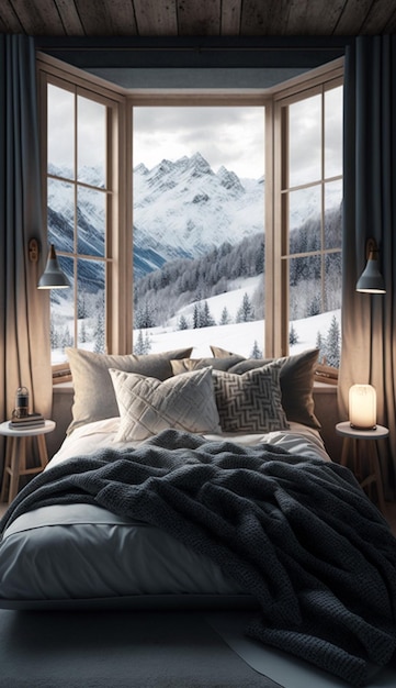 Une chambre avec vue sur les montagnes et les montagnes enneigées.