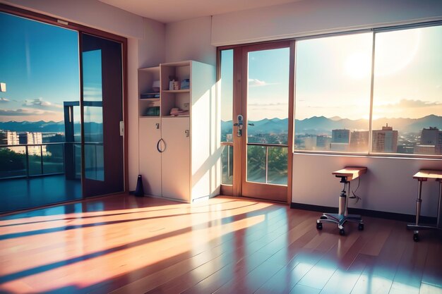 Une chambre avec vue sur les montagnes et le soleil