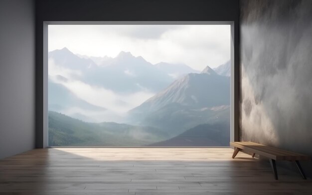 Une chambre avec vue sur les montagnes et une table en bois.