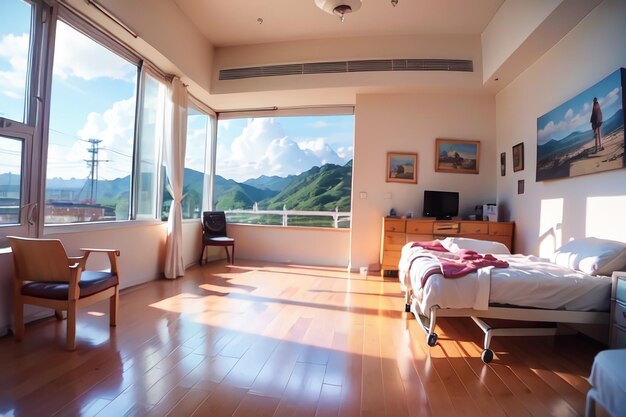 Photo une chambre avec vue sur les montagnes