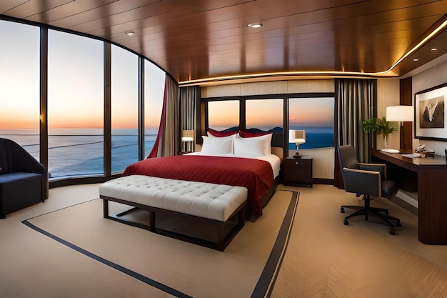 Une chambre avec vue sur l'océan et une grande fenêtre.