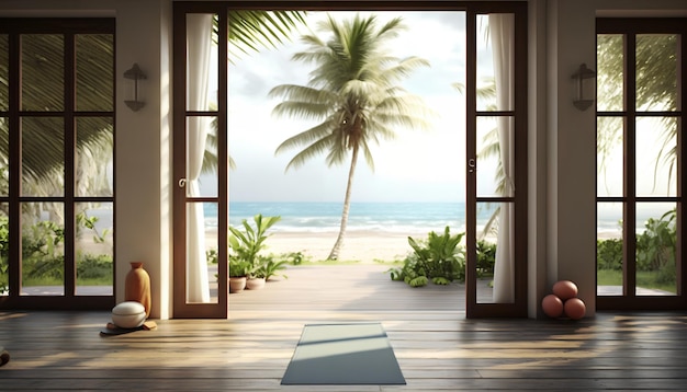 Une chambre avec vue sur la plage et un tapis de yoga.