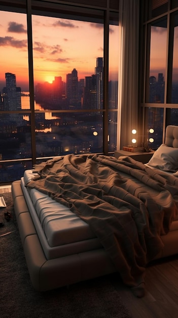 Une chambre avec vue sur la ville au coucher du soleil.