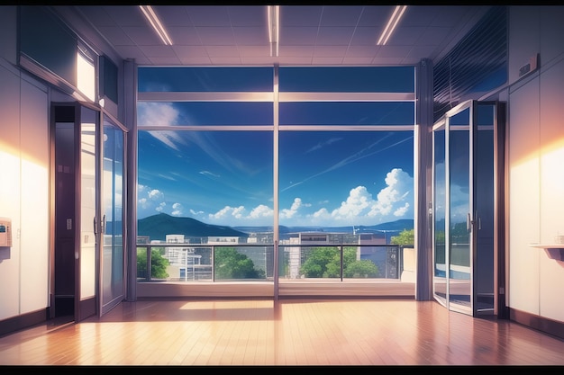 Une chambre avec vue sur une ville et un ciel bleu