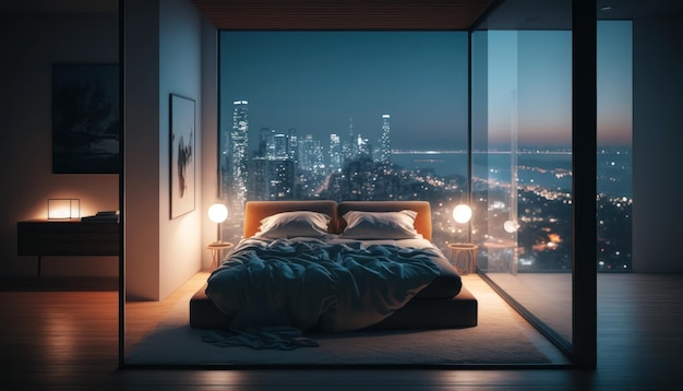 Une chambre avec vue sur une ville la nuit.