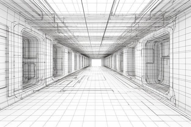 Chambre de wireframe sur le fond blanc boîte de grille de perspective avec espace numérique