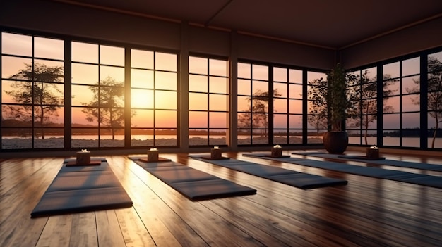 Chambre Zen ou studio de yoga vide avec des fenêtres panoramiques