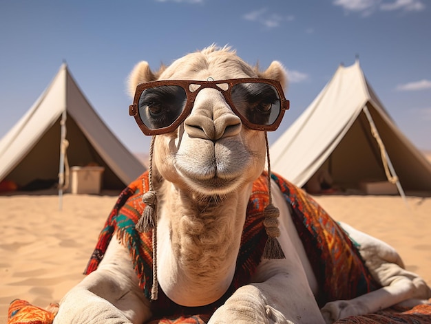 chameau dans le désert avec des lunettes de soleil allongées à côté des tentes générées par IA