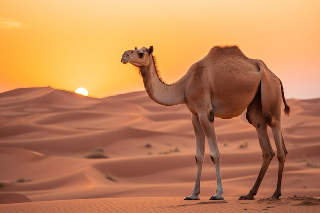 un chameau debout dans le désert au coucher du soleil