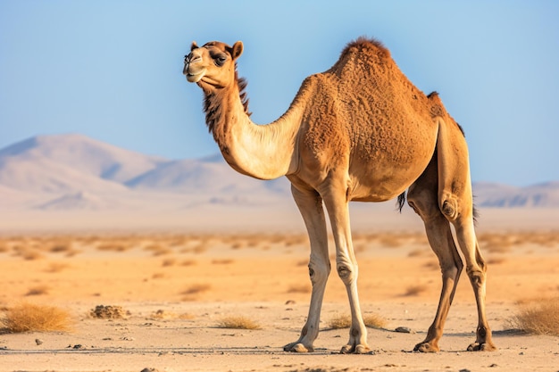 un chameau debout dans le désert avec des montagnes en arrière-plan