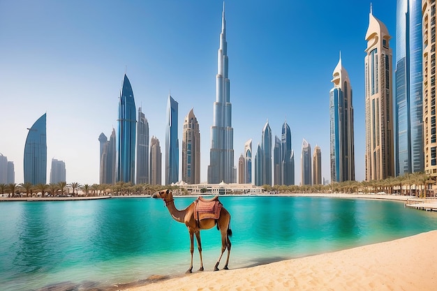 Photo un chameau devant la marina de dubaï un jour d'été aux émirats arabes unis