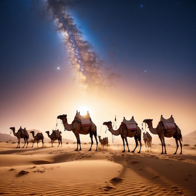 Photo le chameau sur le fond du ciel étoilé de la nuit