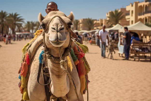 Un chameau en laisse pour les touristes en Égypte IA générative