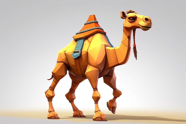 Un chameau low poly avec une selle sur le dos.