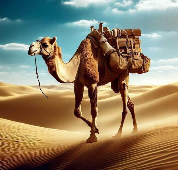chameau marchant dans le désert derrière