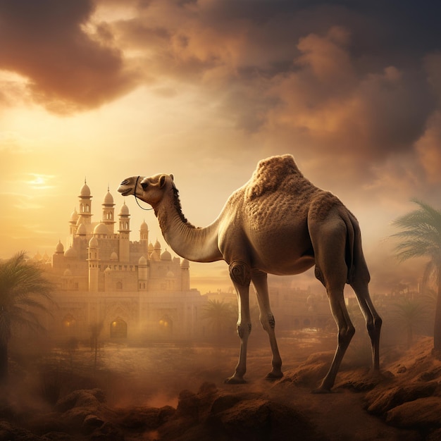 chameau avec des palmiers et un château en arrière-plan